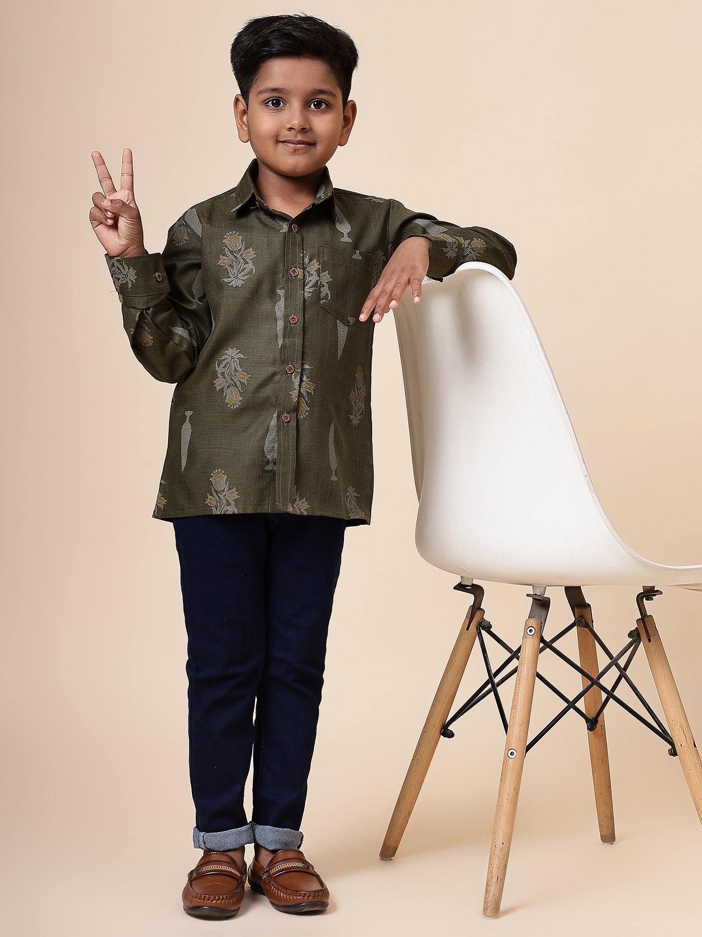 Karnam Junior - Boys Olive Green Foliage Printed Cotton Shirt