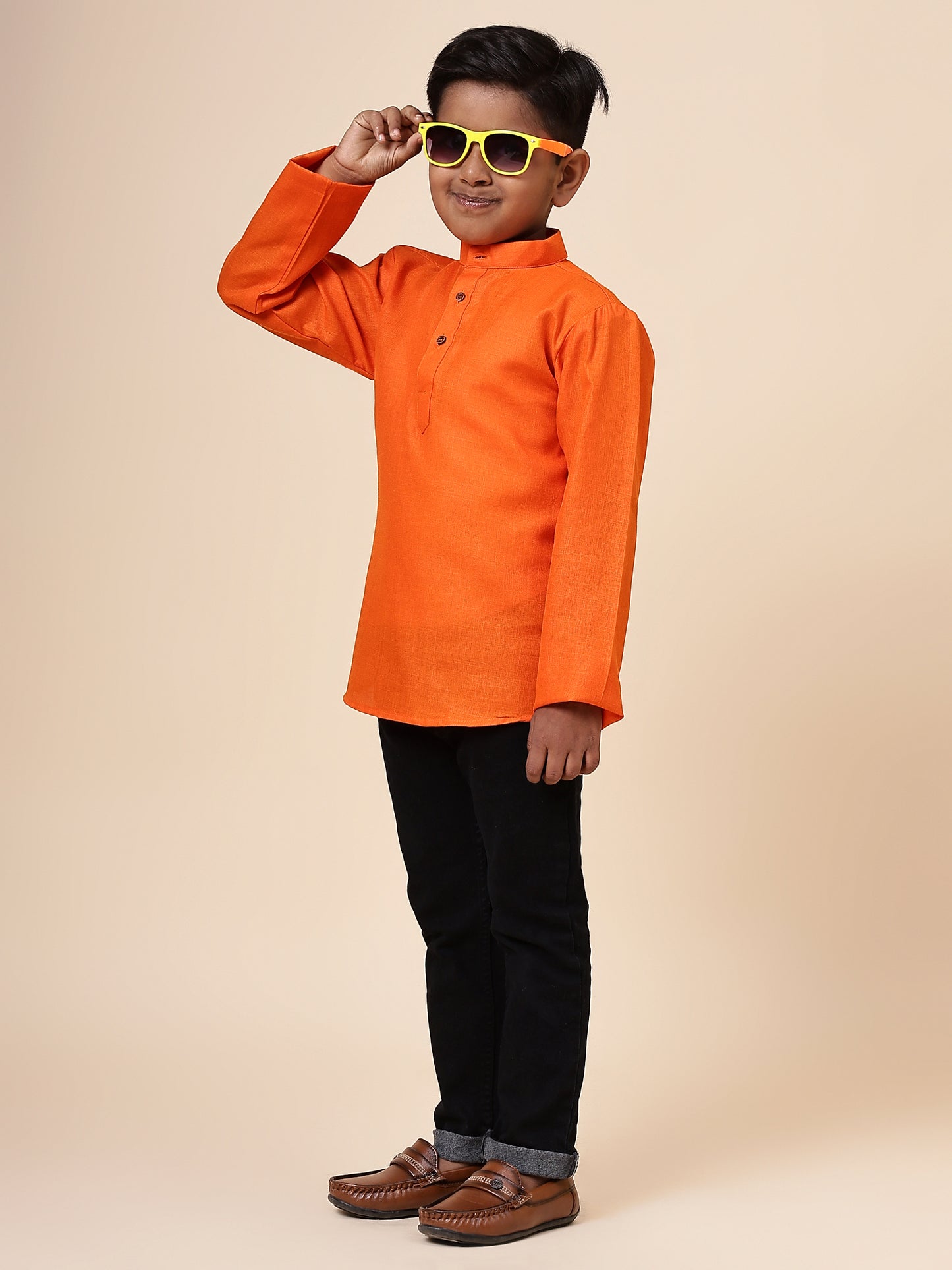 Karnam Junior - Boys Orange Cotton Short Kurta