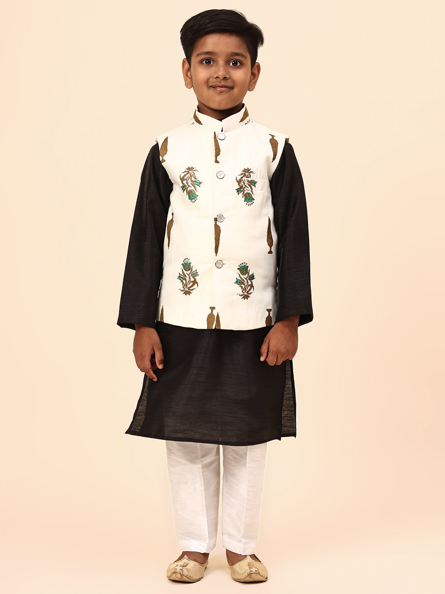 Karnam Junior - Boys Cream Foliage Printed Jacket Set