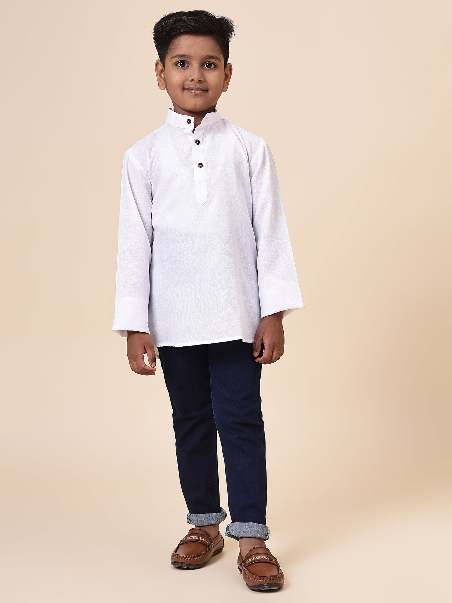 Karnam Junior - Boys White Cotton Short Kurta