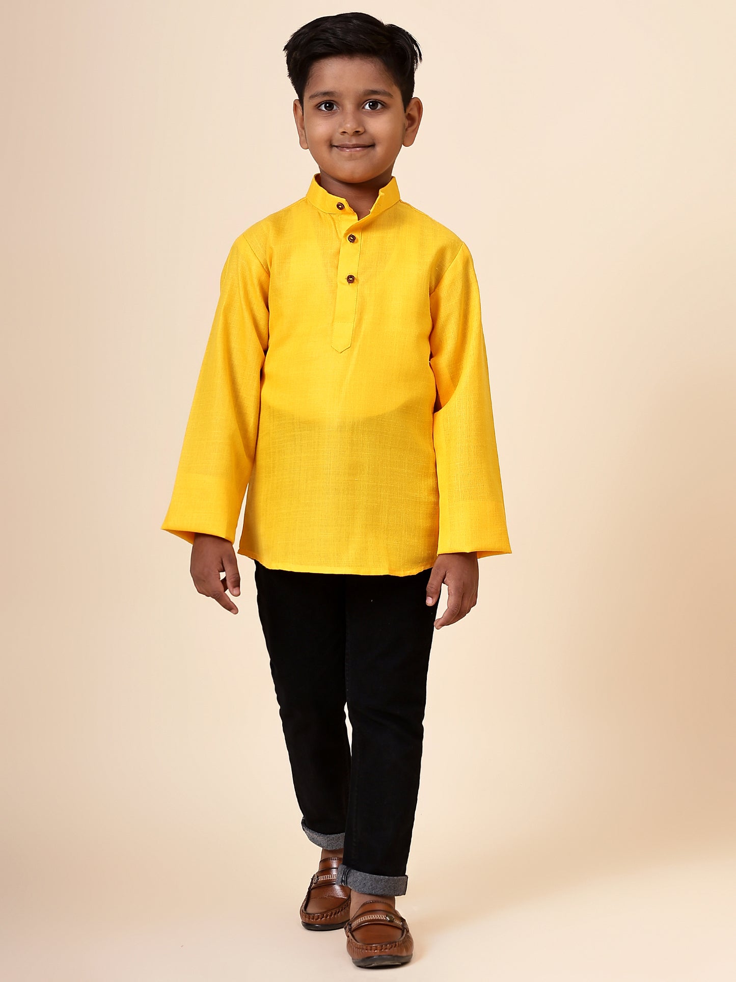 Karnam Junior - Boys Bright Yellow Cotton Short Kurta