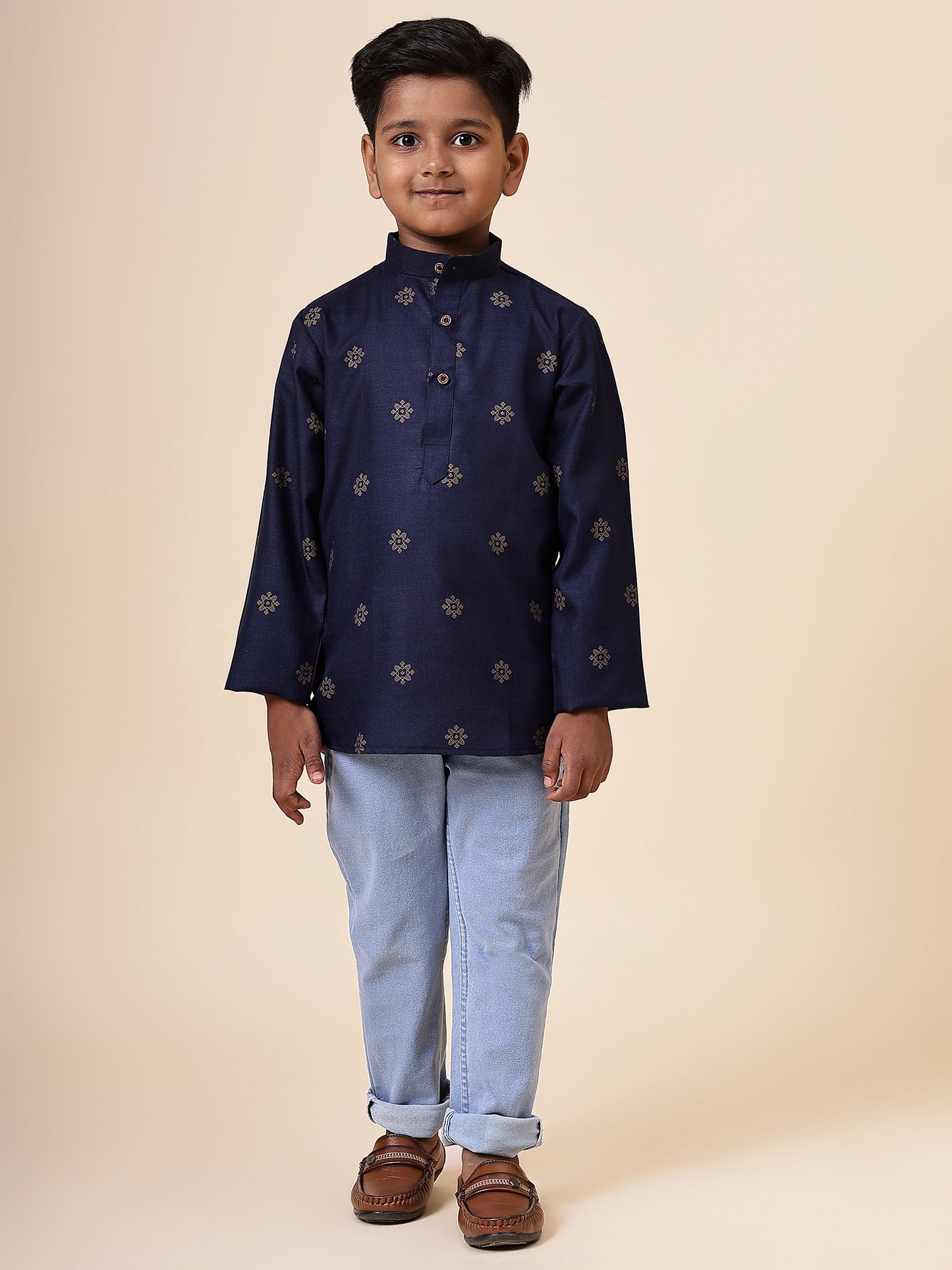 Karnam Junior - Boys Navy Blue and Gold Cotton Short Kurta