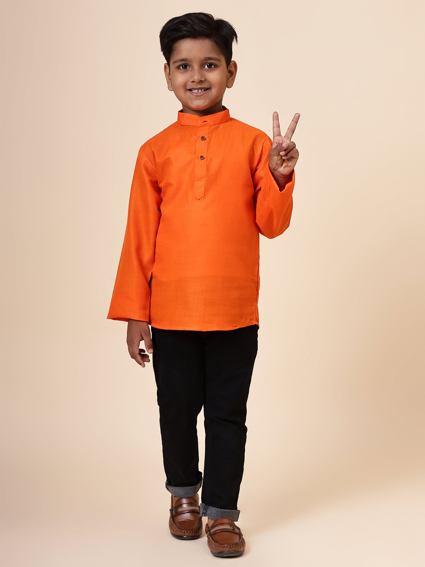 Karnam Junior - Boys Orange Cotton Short Kurta