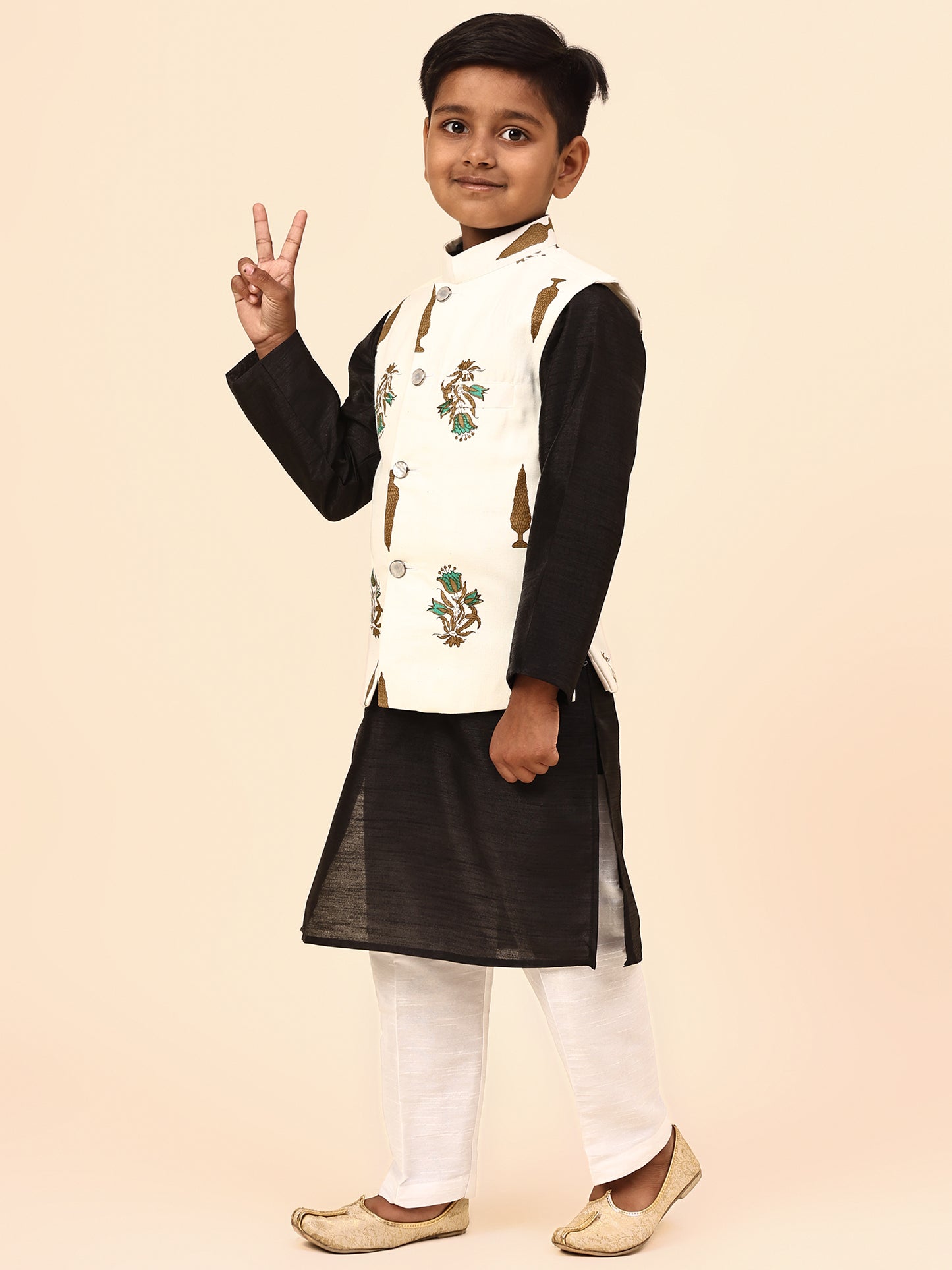 Karnam Junior - Boys Cream Foliage Printed Jacket Set