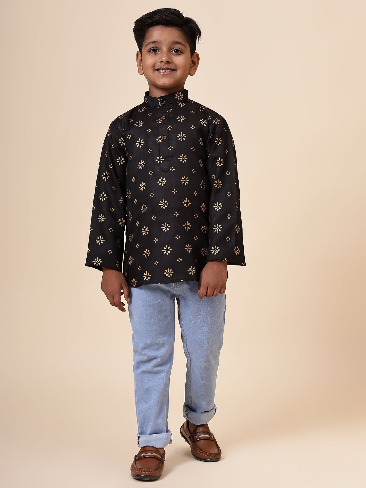 Karnam Junior - Boys Black and Gold Cotton Short Kurta