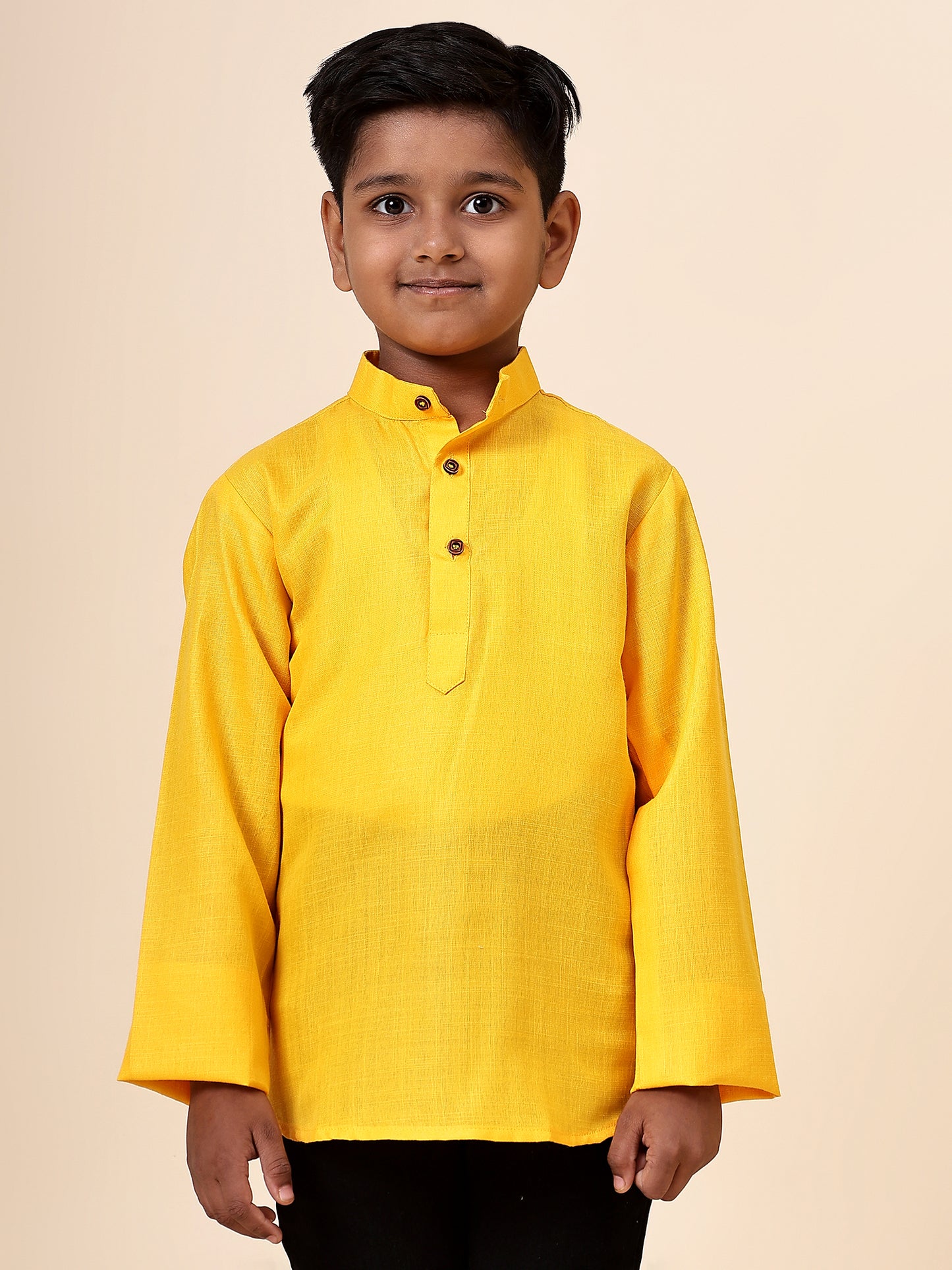 Karnam Junior - Boys Bright Yellow Cotton Short Kurta