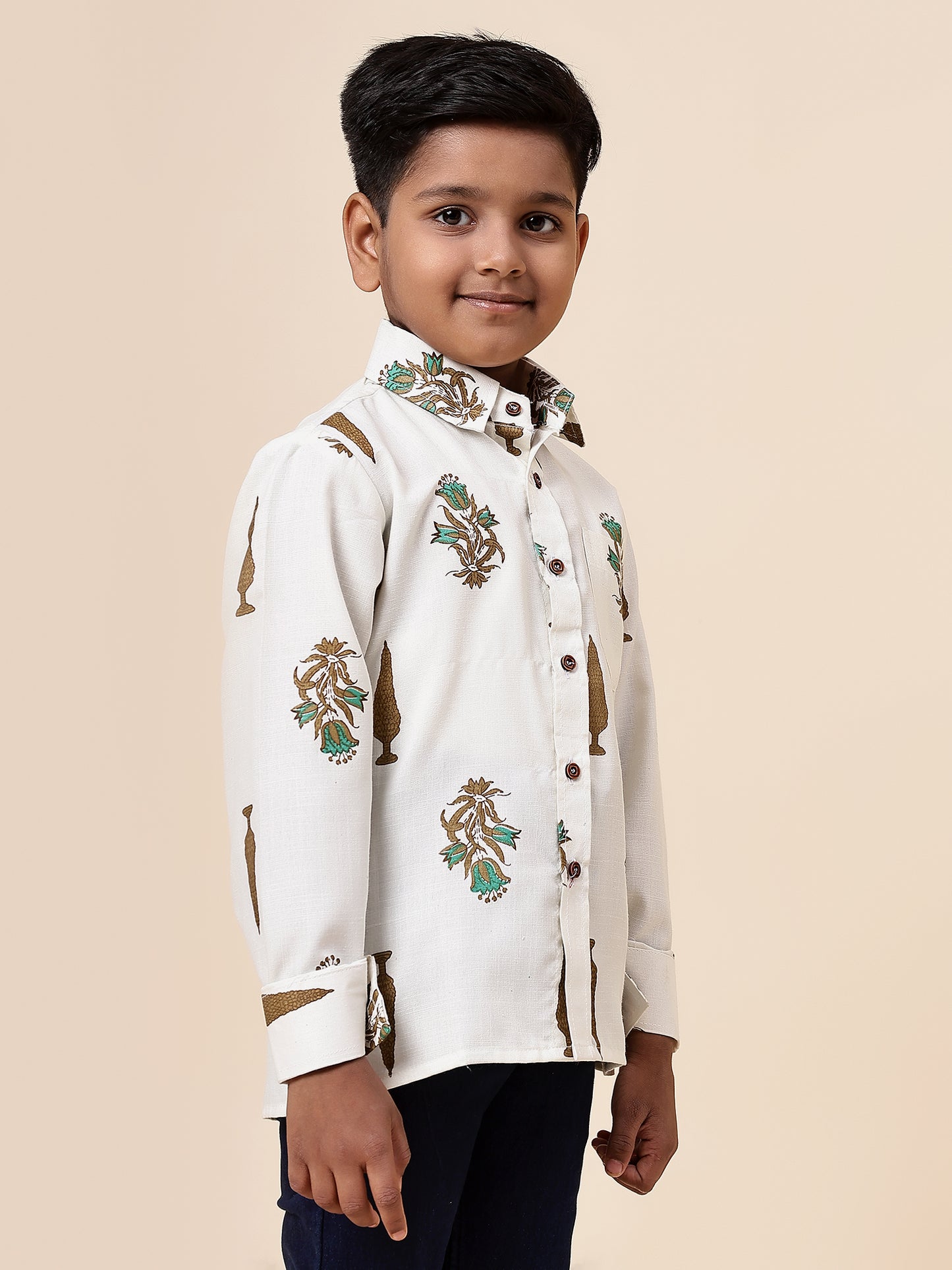 Karnam Junior - Boys Cream Foliage Printed Cotton Shirt