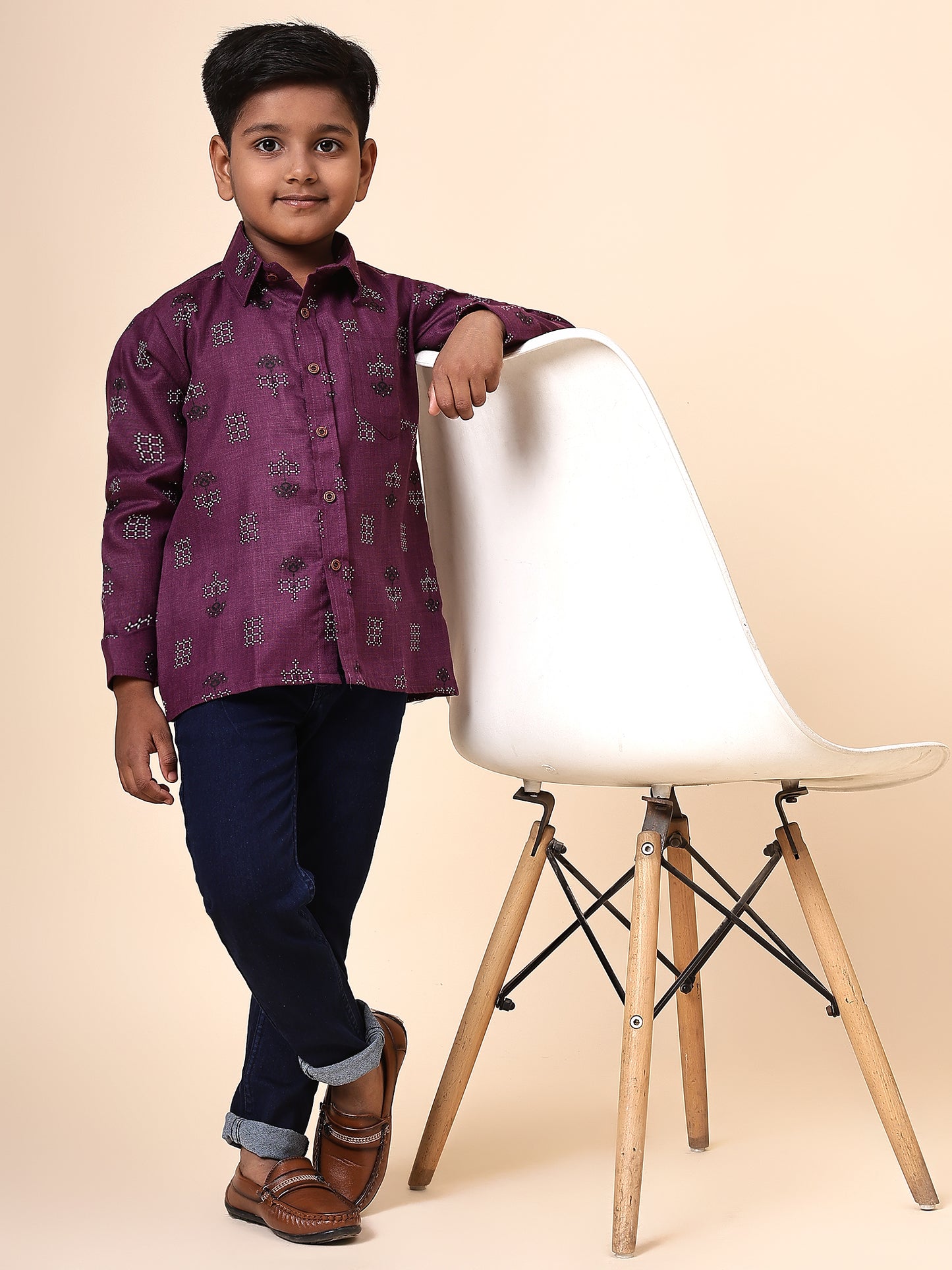 Karnam Junior - Boys Purple Square Printed Cotton Shirt