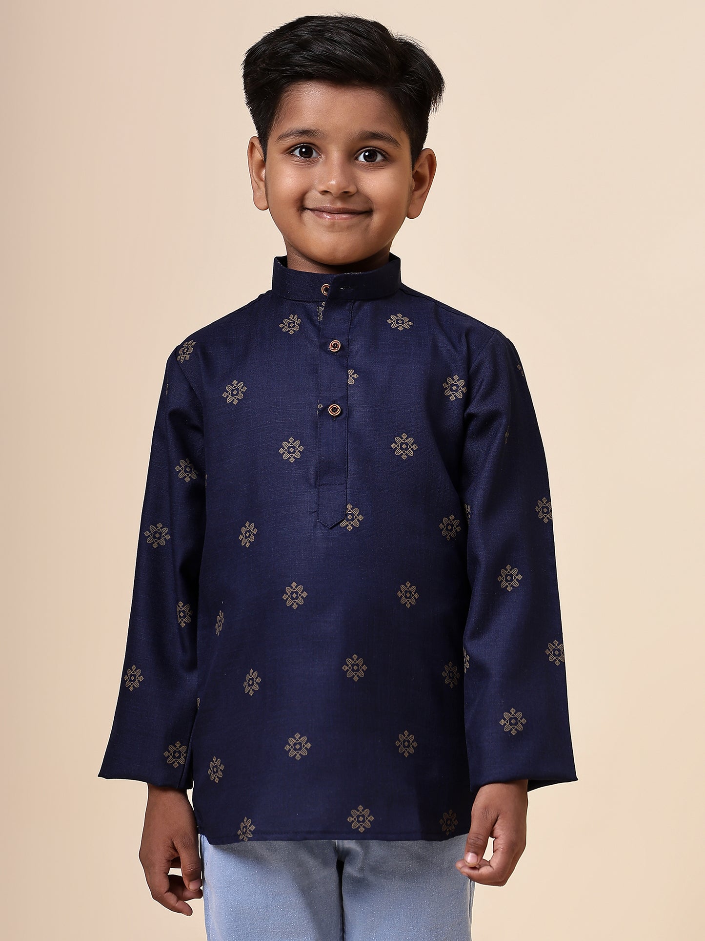 Karnam Junior - Boys Navy Blue and Gold Cotton Short Kurta