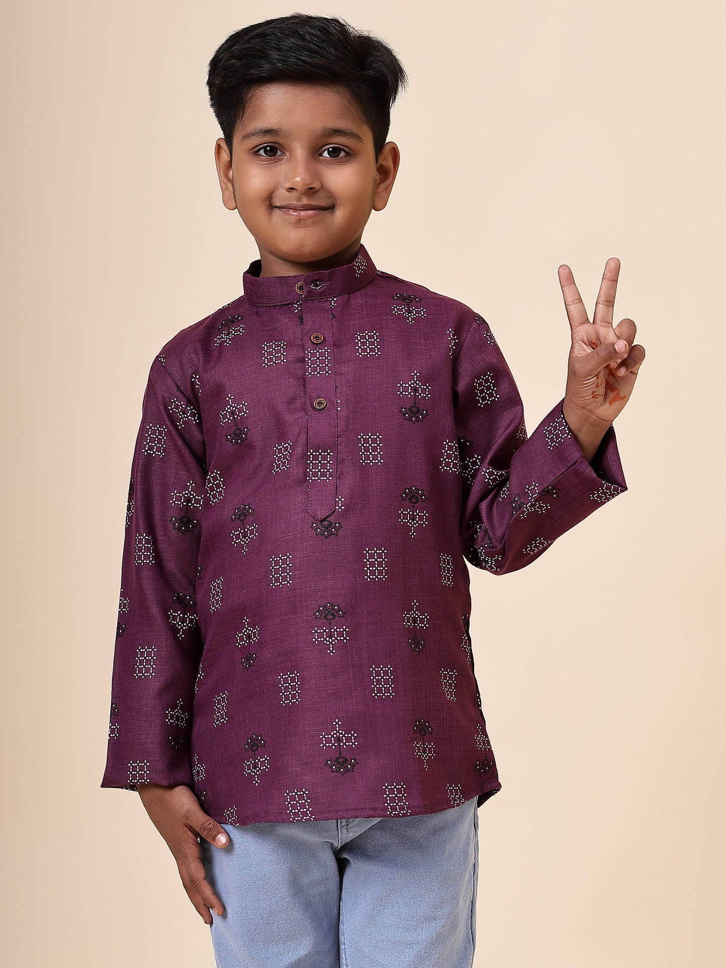Karnam Junior - Boys Purple Square Printed Cotton Short Kurta
