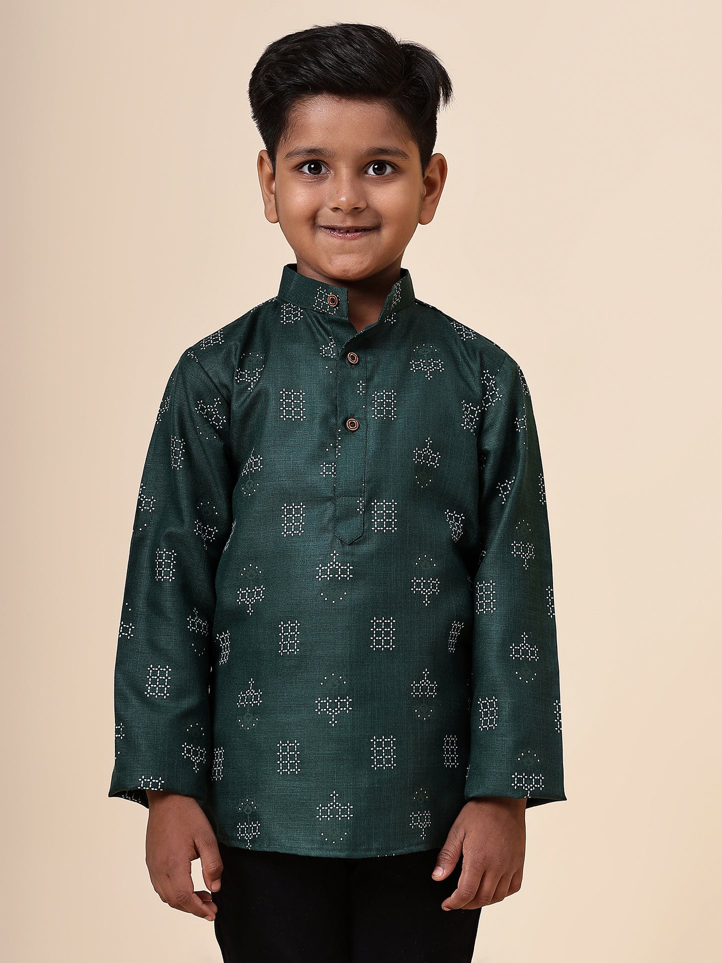 Karnam Junior - Boys Bottle Green Square Printed Cotton Short Kurta
