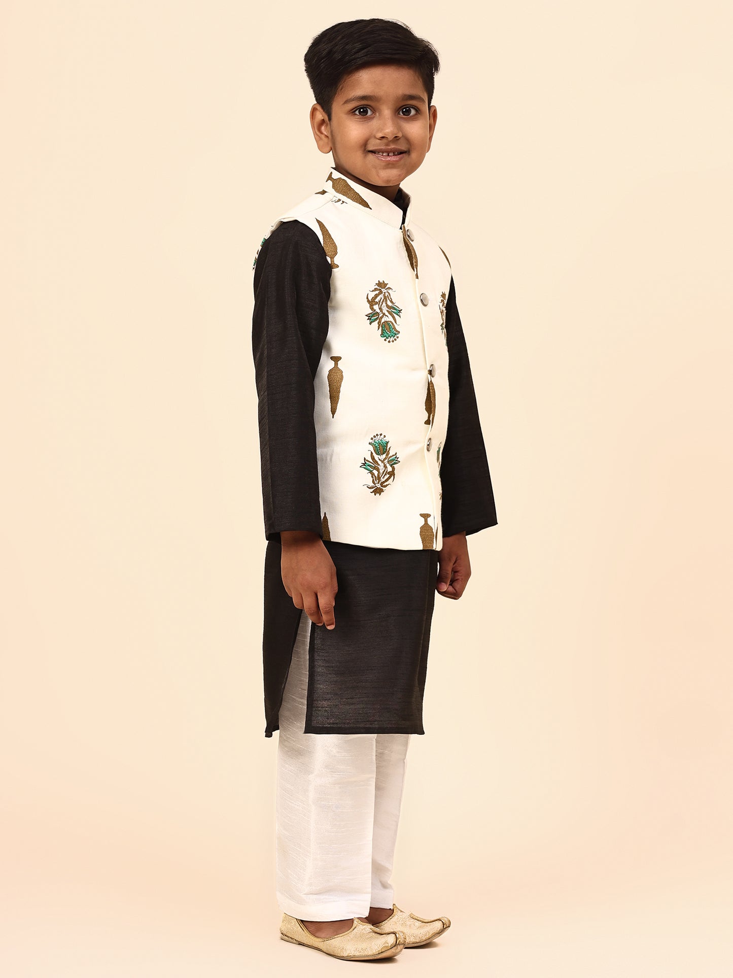 Karnam Junior - Boys Cream Foliage Printed Jacket Set
