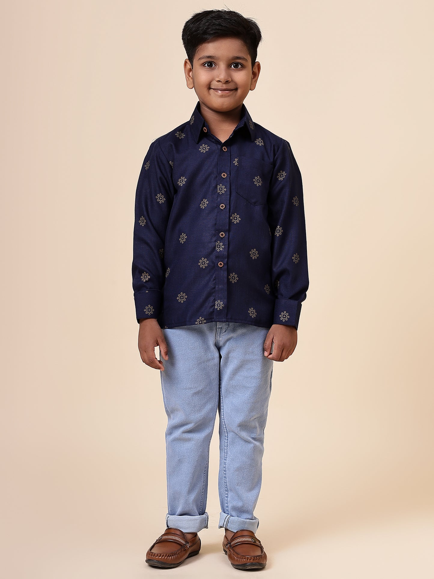 Karnam Junior - Boys Blue and Gold Cotton Shirt