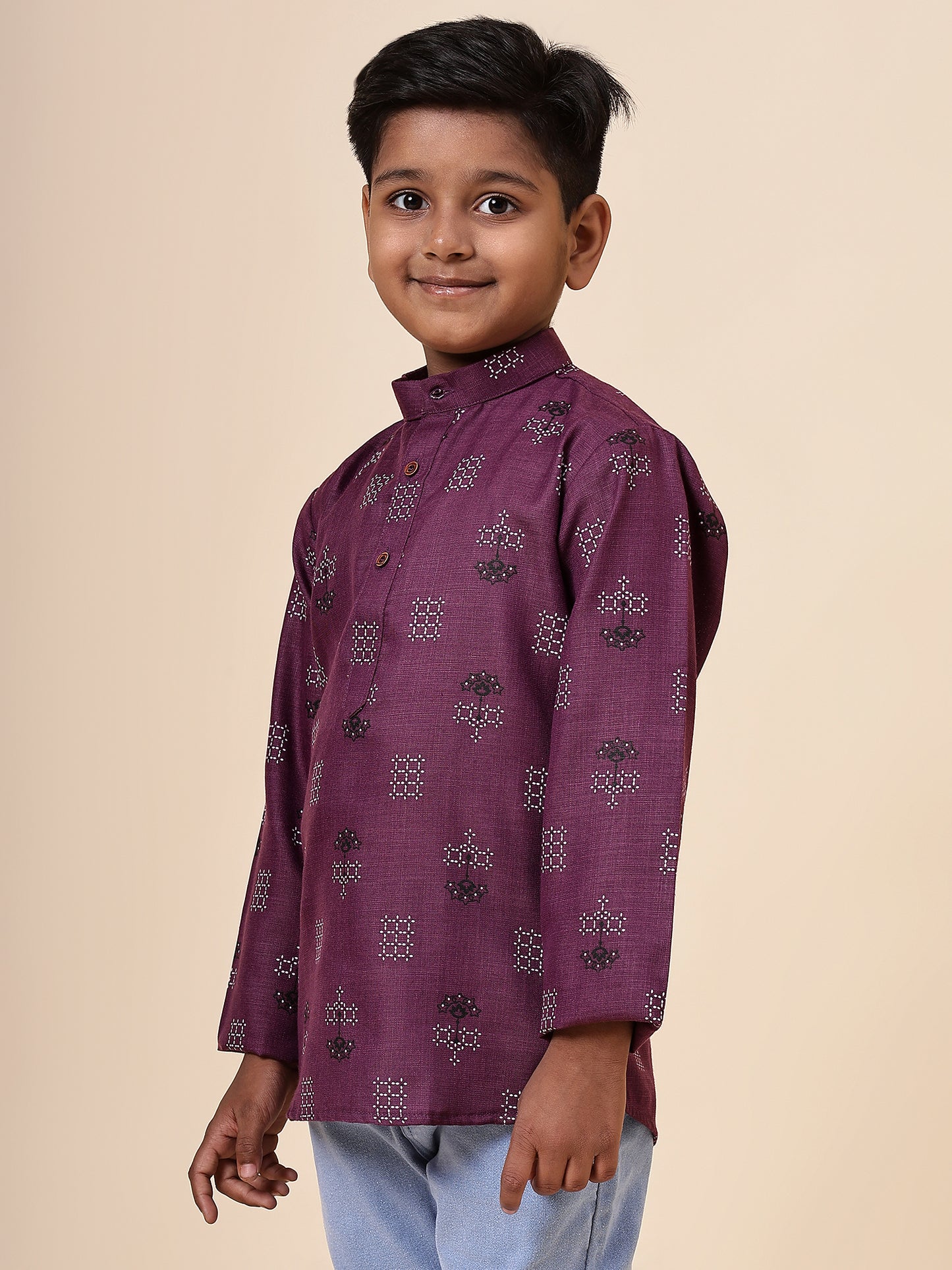 Karnam Junior - Boys Purple Square Printed Cotton Short Kurta