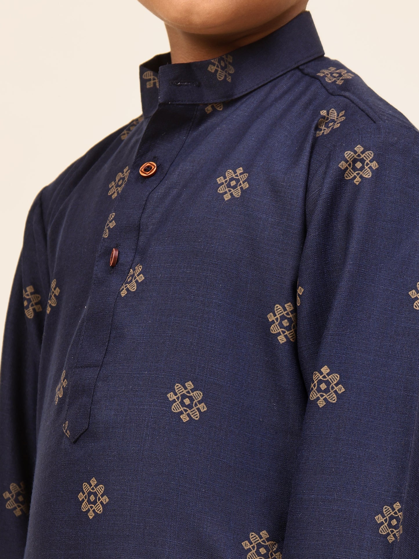 Karnam Junior - Boys Blue and Gold Printed Cotton Long Kurta Top