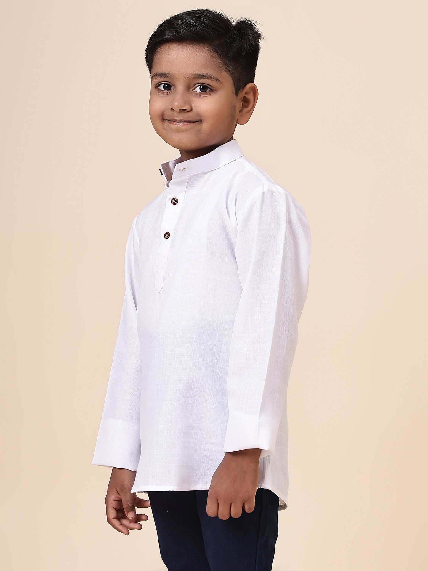 Karnam Junior - Boys White Cotton Short Kurta