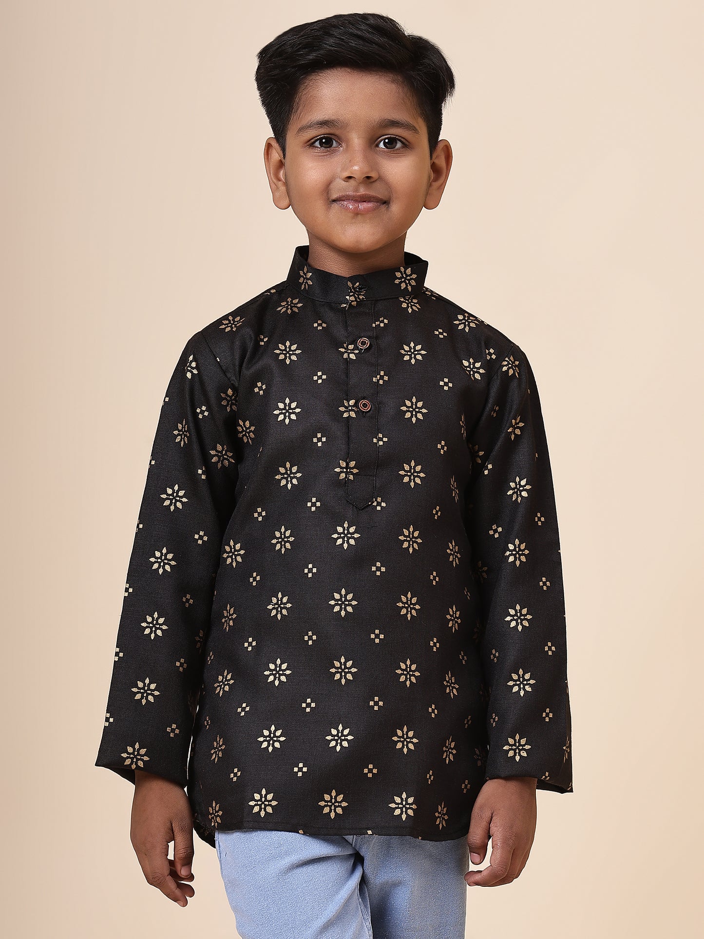 Karnam Junior - Boys Black and Gold Cotton Short Kurta