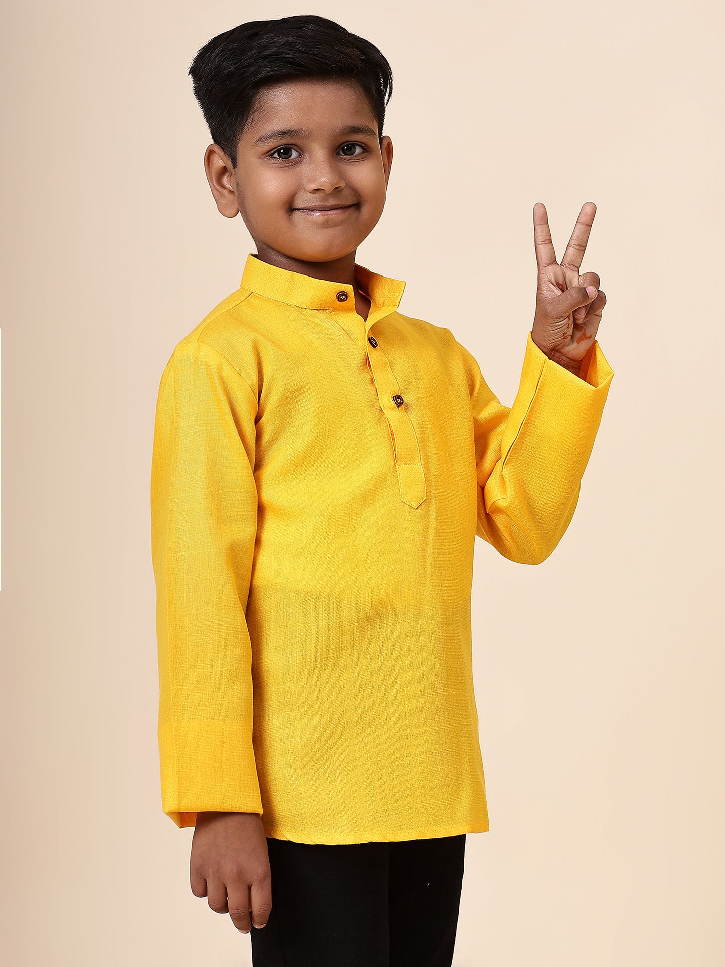 Karnam Junior - Boys Bright Yellow Cotton Short Kurta