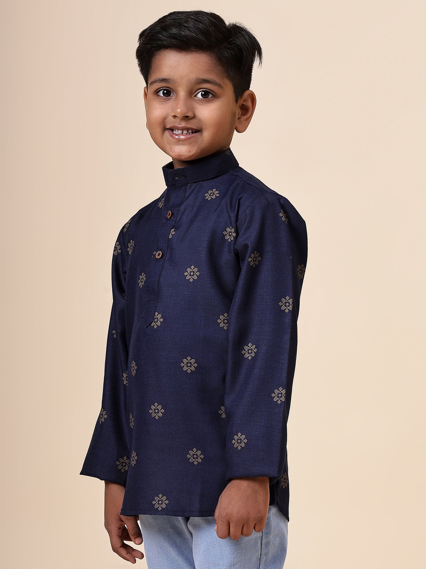 Karnam Junior - Boys Navy Blue and Gold Cotton Short Kurta