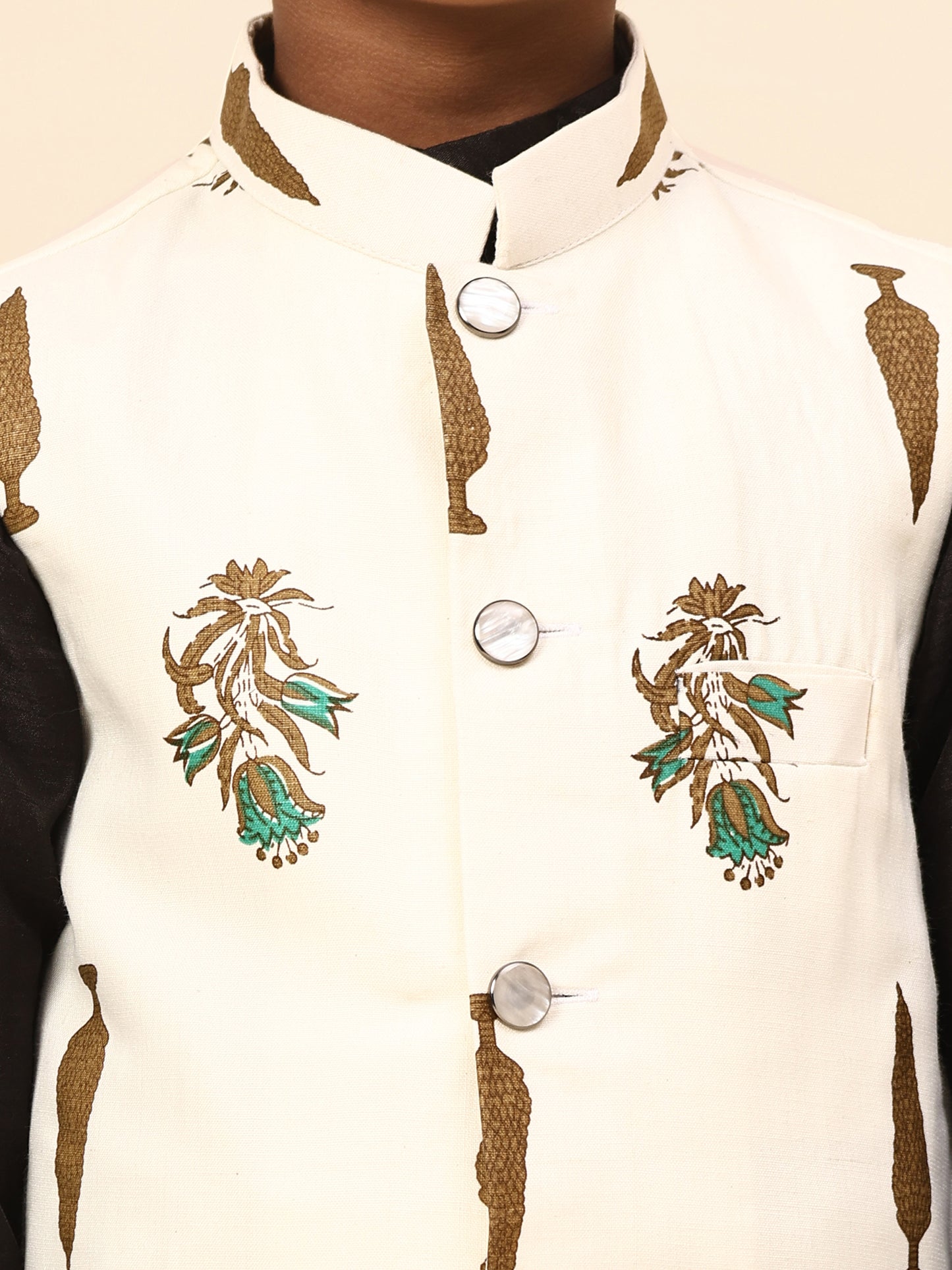 Karnam Junior - Boys Cream Foliage Printed Jacket Set