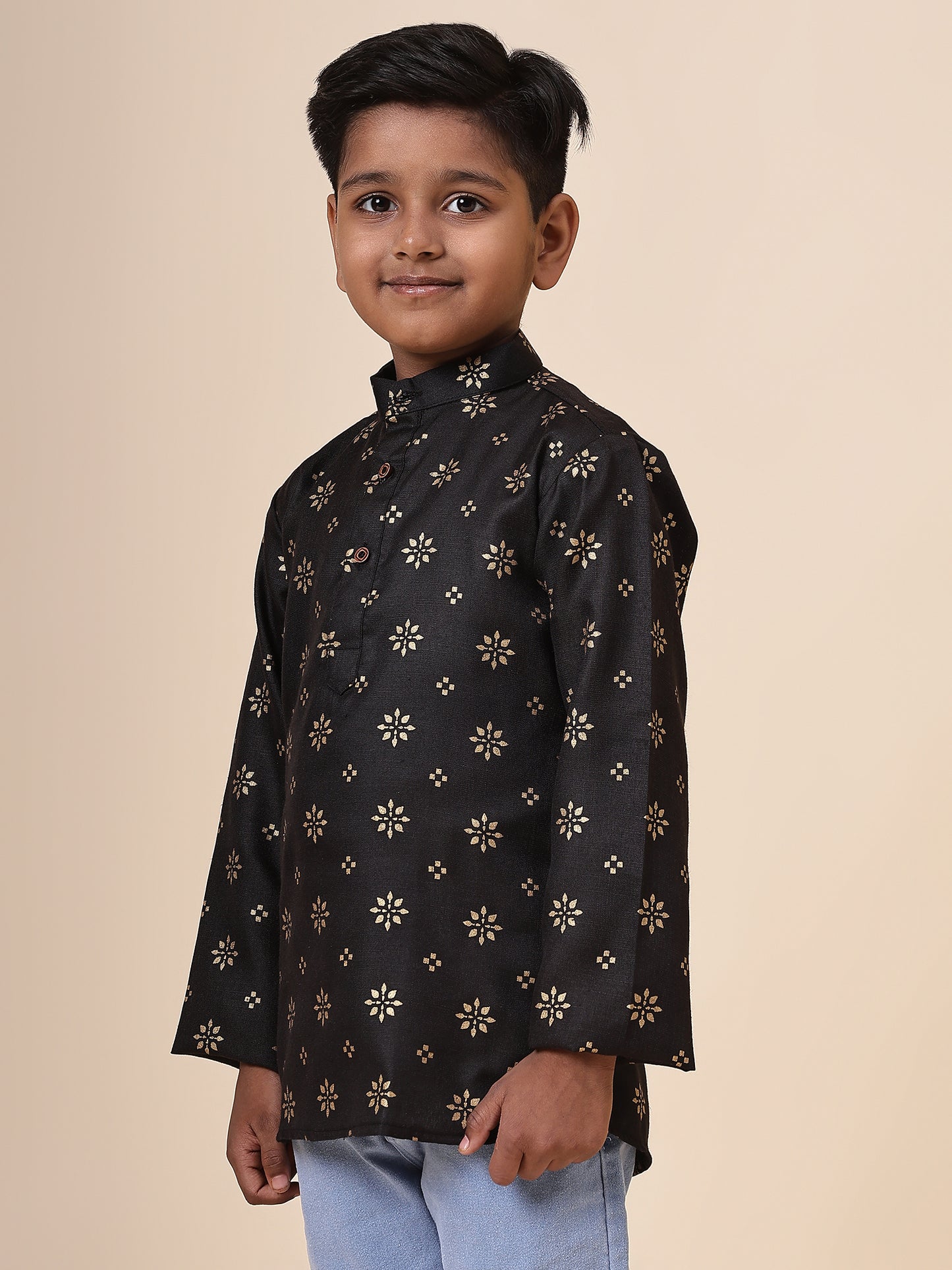 Karnam Junior - Boys Black and Gold Cotton Short Kurta