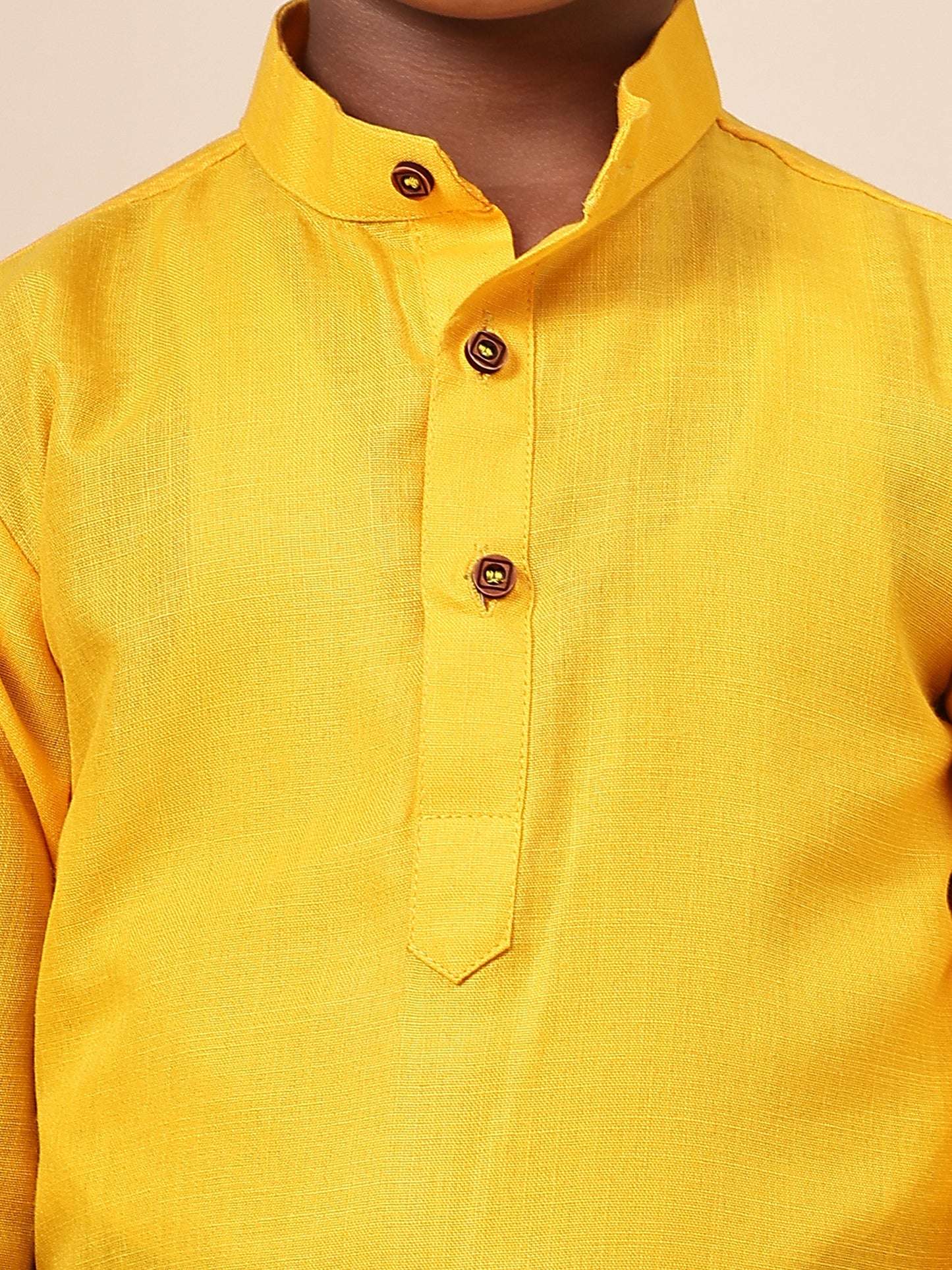 Karnam Junior - Boys Bright Yellow Cotton Short Kurta