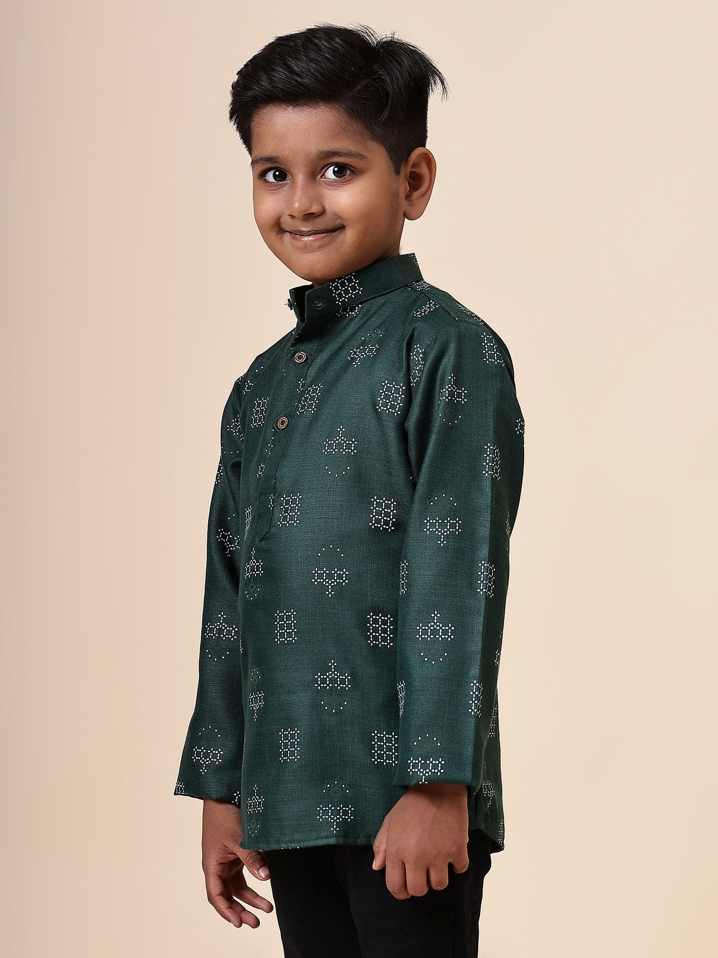 Karnam Junior - Boys Bottle Green Square Printed Cotton Short Kurta