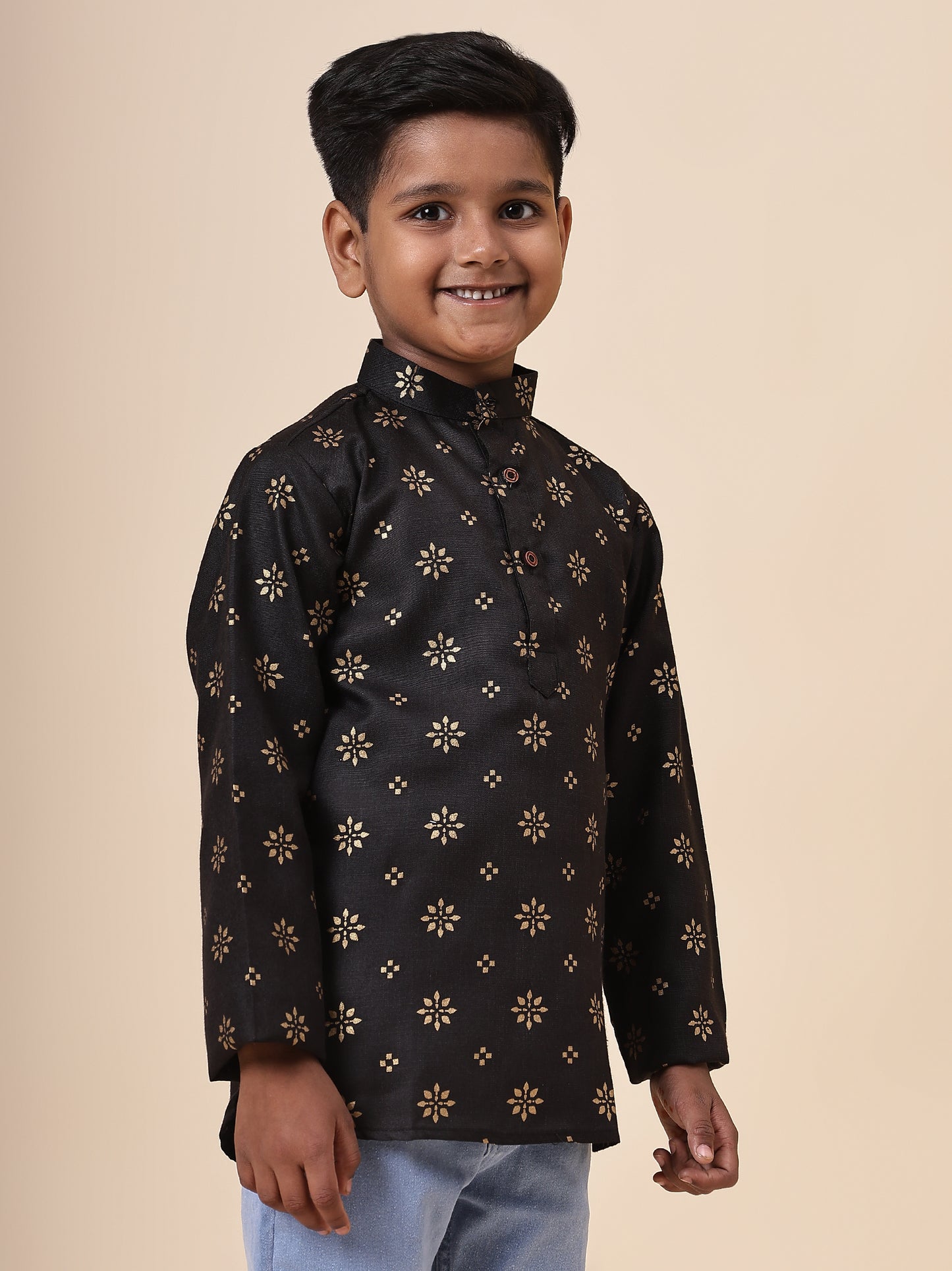 Karnam Junior - Boys Black and Gold Cotton Short Kurta