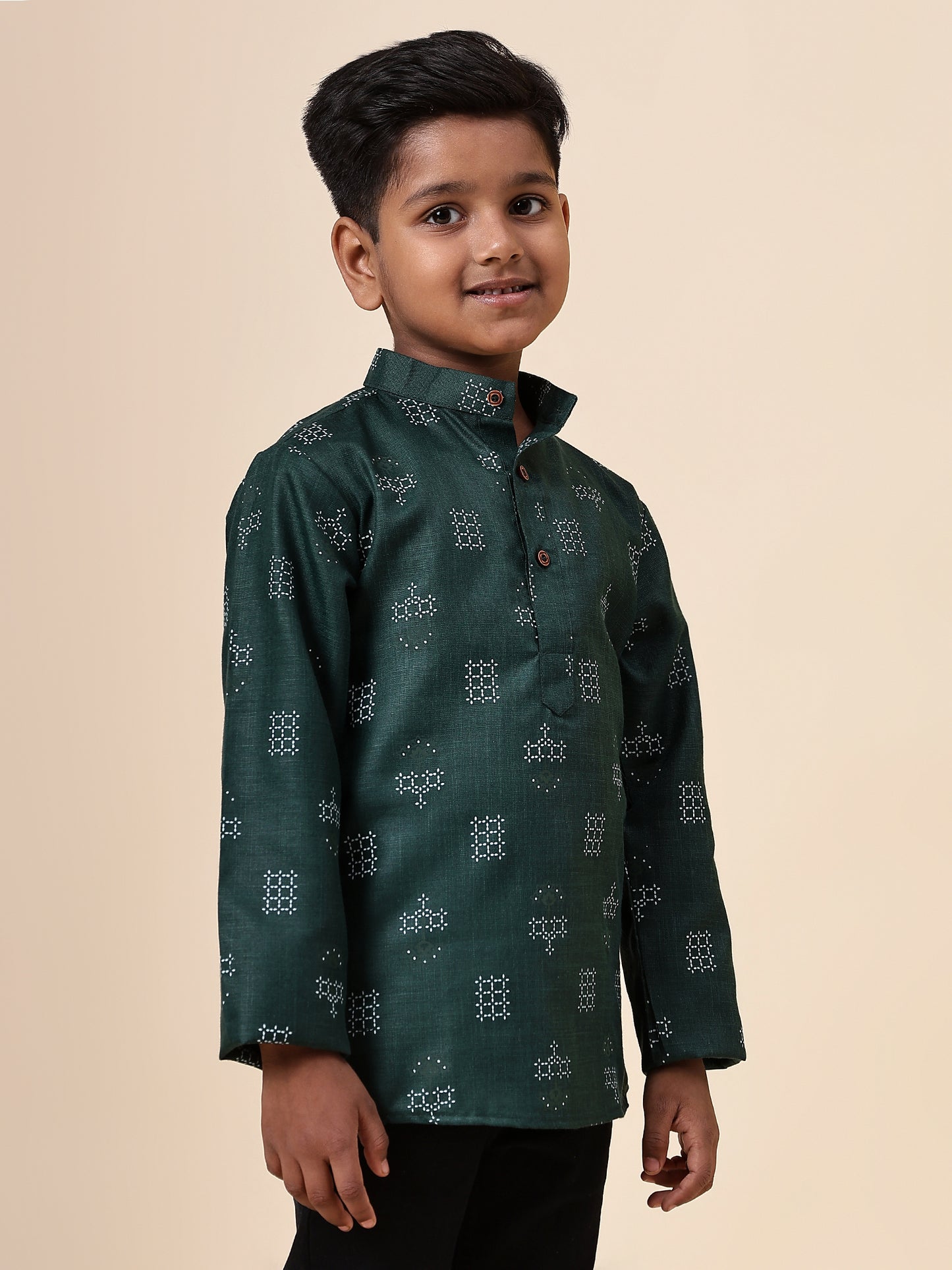 Karnam Junior - Boys Bottle Green Square Printed Cotton Short Kurta