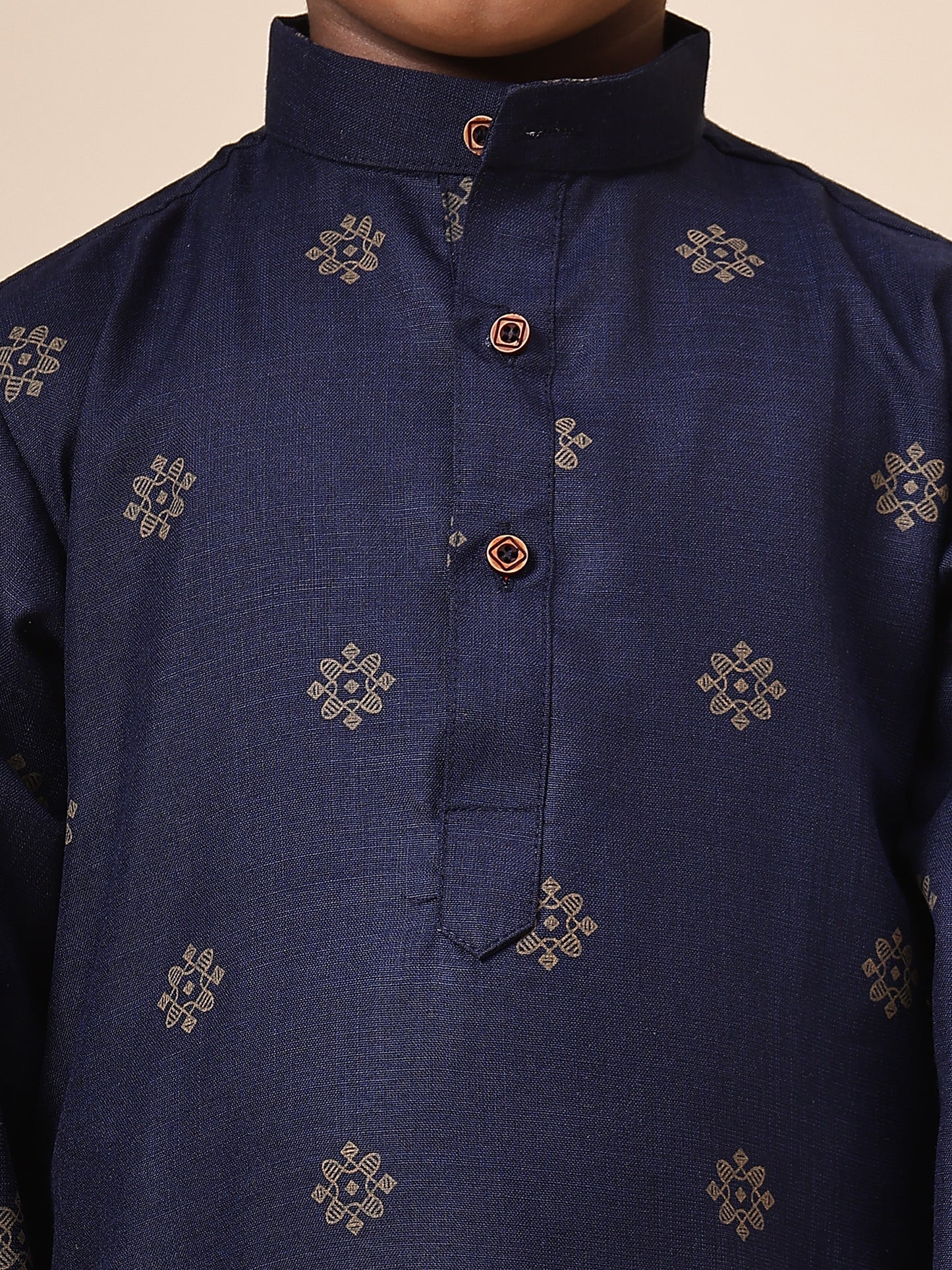 Karnam Junior - Boys Navy Blue and Gold Cotton Short Kurta