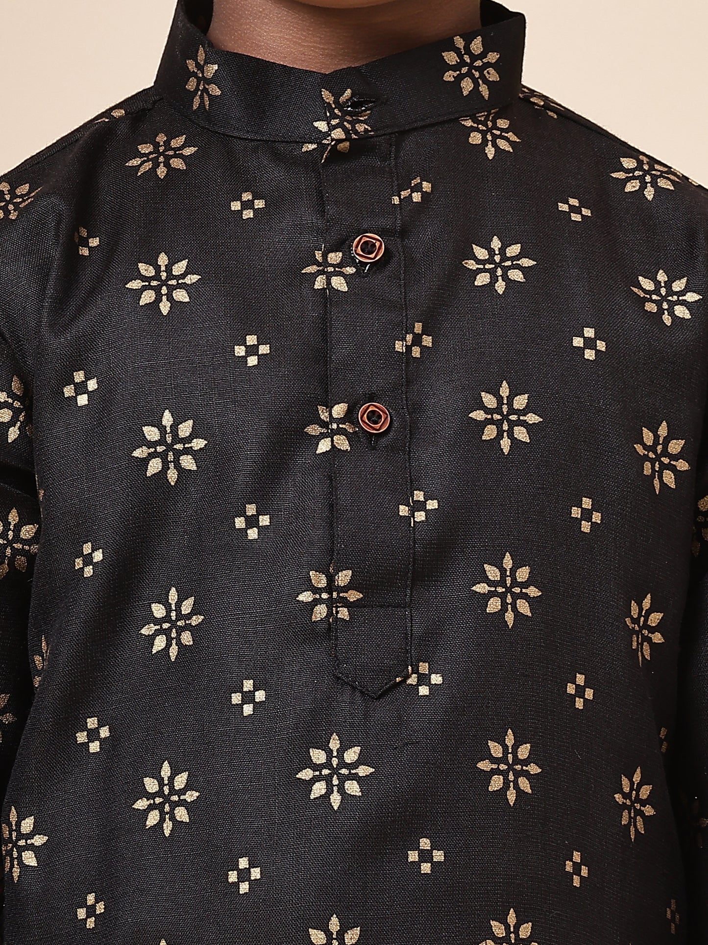Karnam Junior - Boys Black and Gold Cotton Short Kurta