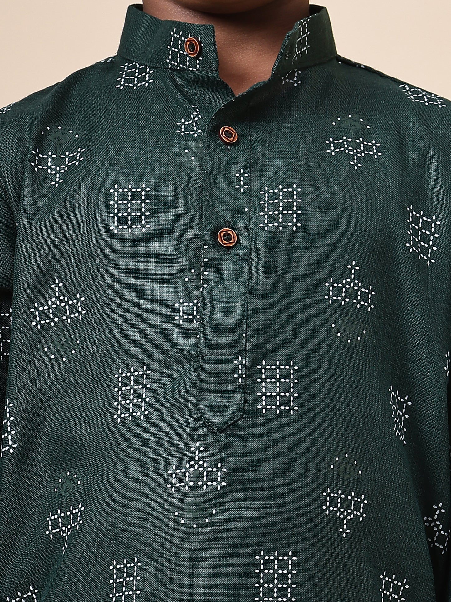 Karnam Junior - Boys Bottle Green Square Printed Cotton Short Kurta