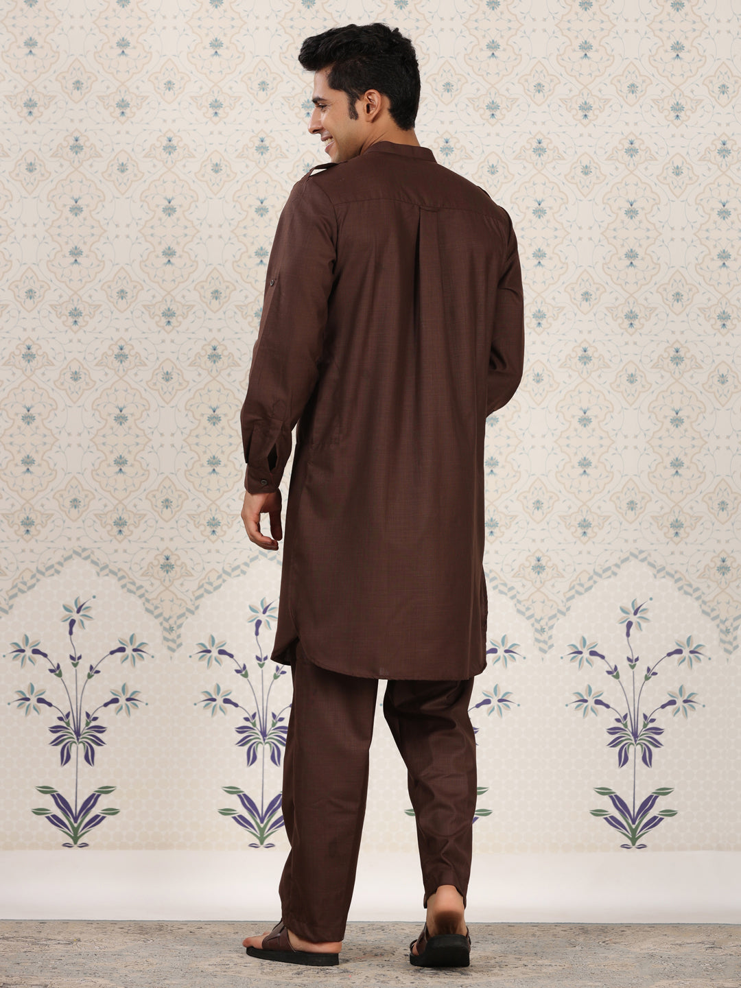 Mandarin Collar Brown Pathani Set