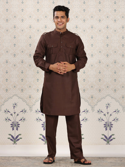 Mandarin Collar Brown Pathani Set