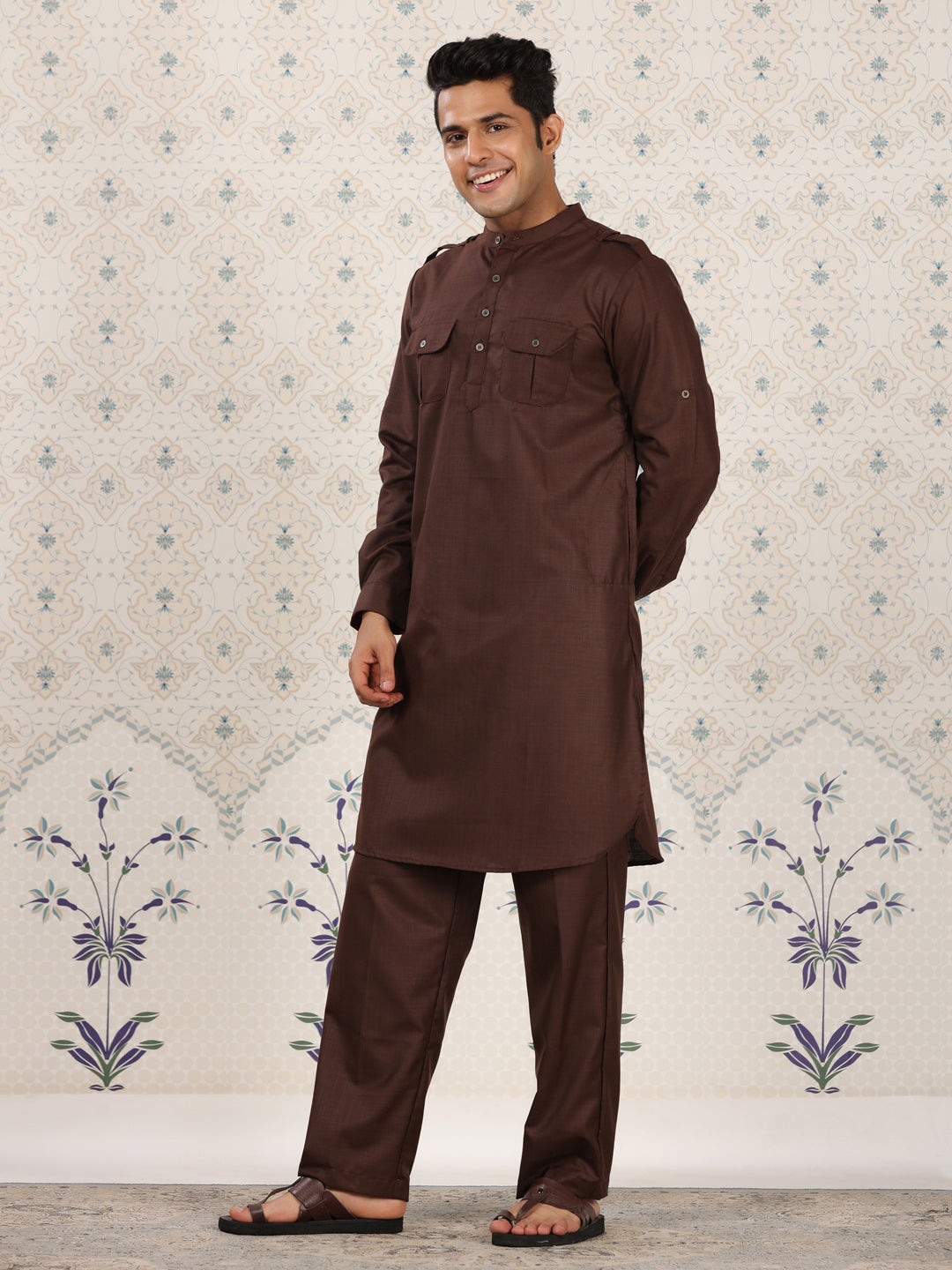 Mandarin Collar Brown Pathani Set