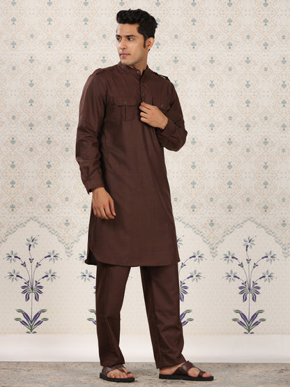 Mandarin Collar Brown Pathani Set