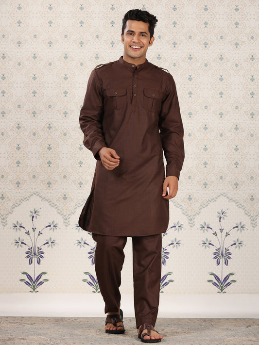 Mandarin Collar Brown Pathani Set