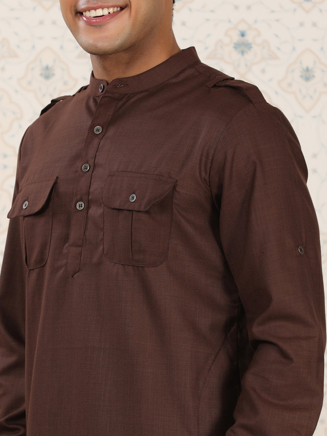 Mandarin Collar Brown Pathani Set