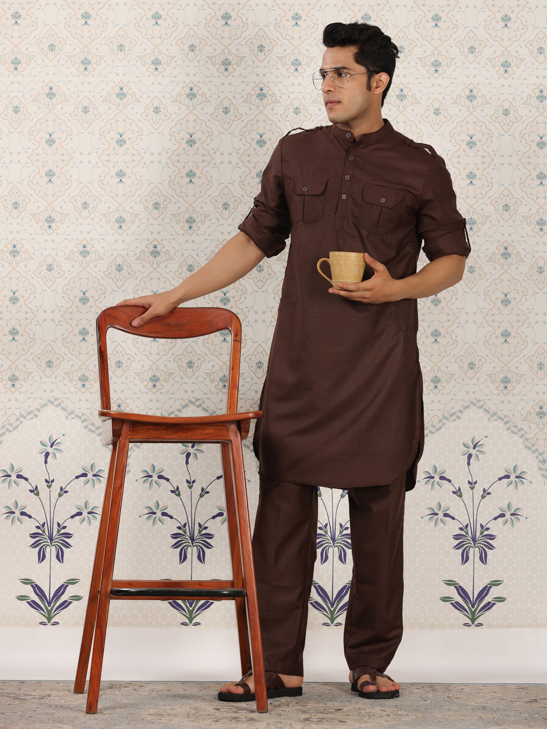 Mandarin Collar Brown Pathani Set