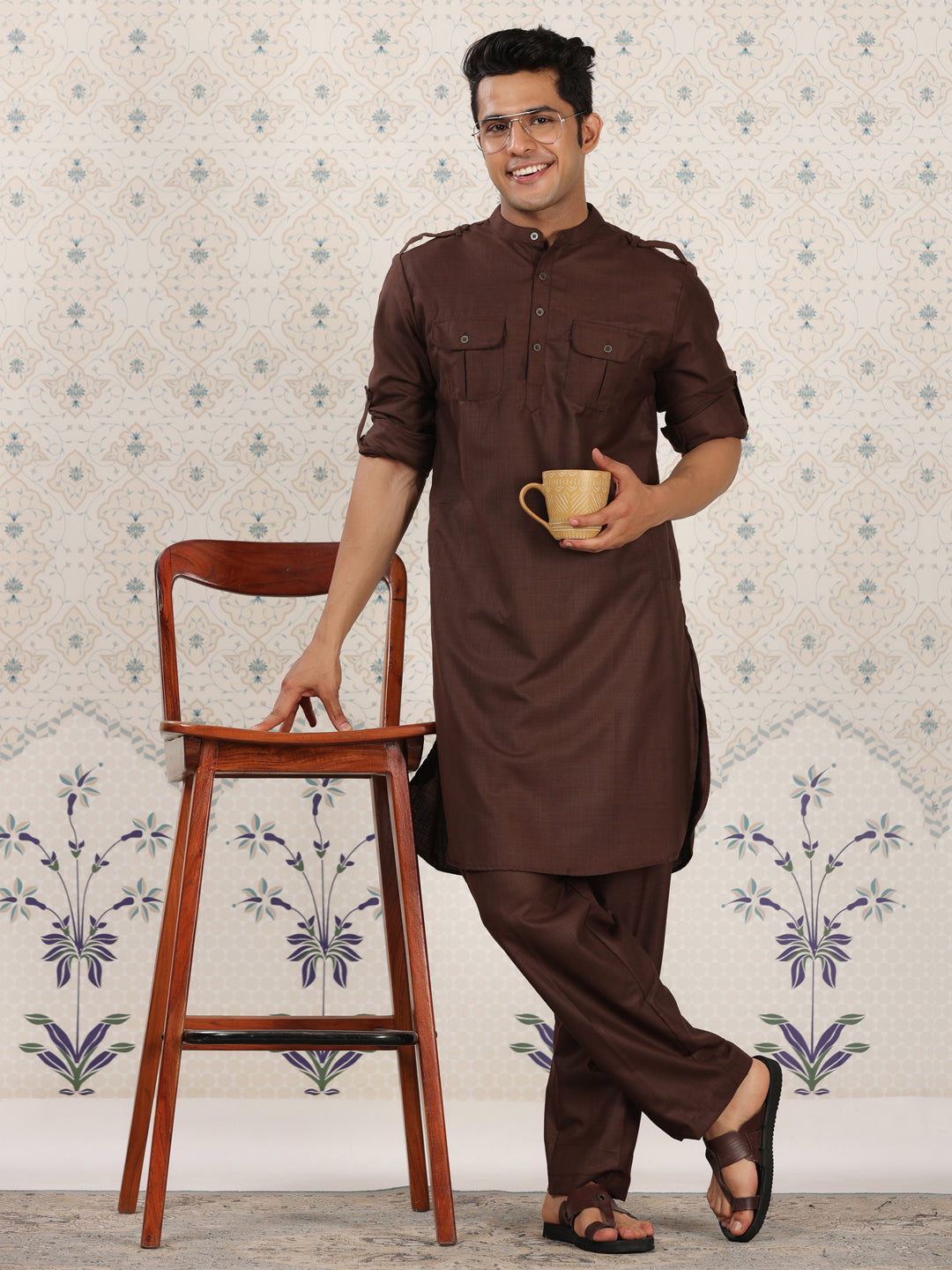 Mandarin Collar Brown Pathani Set