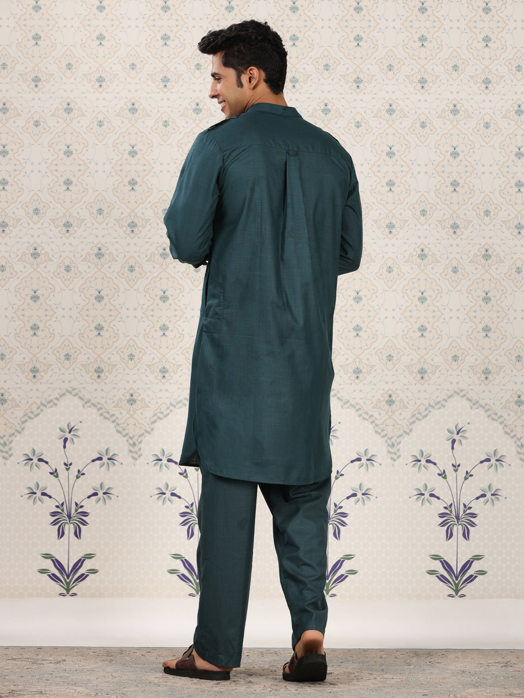 Teal Mandarin Collar Pathani Set