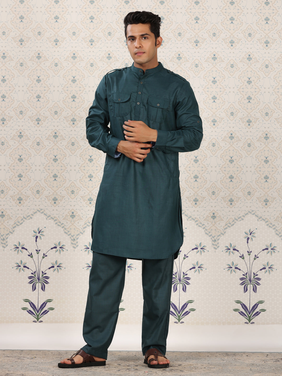 Teal Mandarin Collar Pathani Set