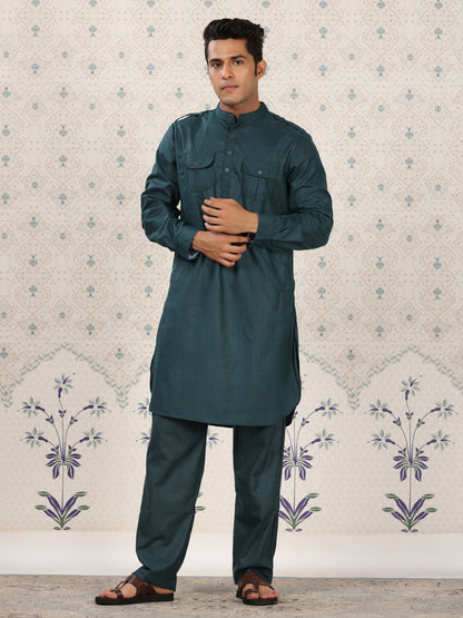 Teal Mandarin Collar Pathani Set