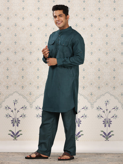 Teal Mandarin Collar Pathani Set