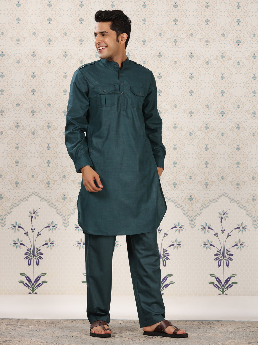 Teal Mandarin Collar Pathani Set