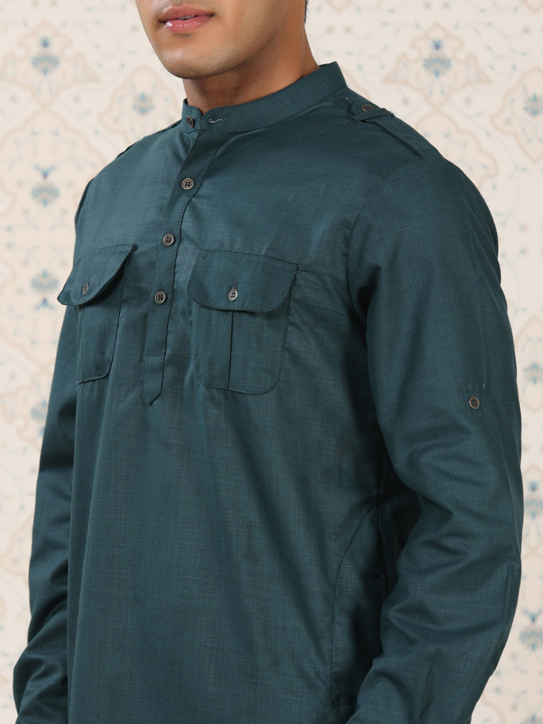 Teal Mandarin Collar Pathani Set