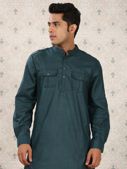 Teal Mandarin Collar Pathani Set