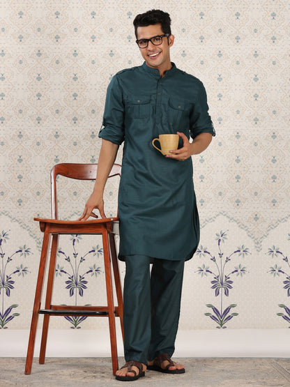 Teal Mandarin Collar Pathani Set