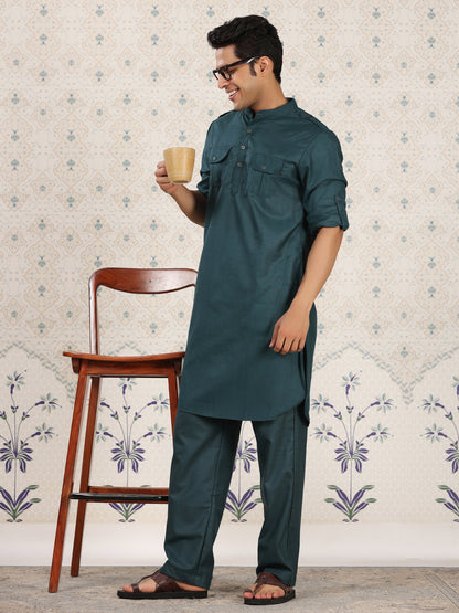 Teal Mandarin Collar Pathani Set