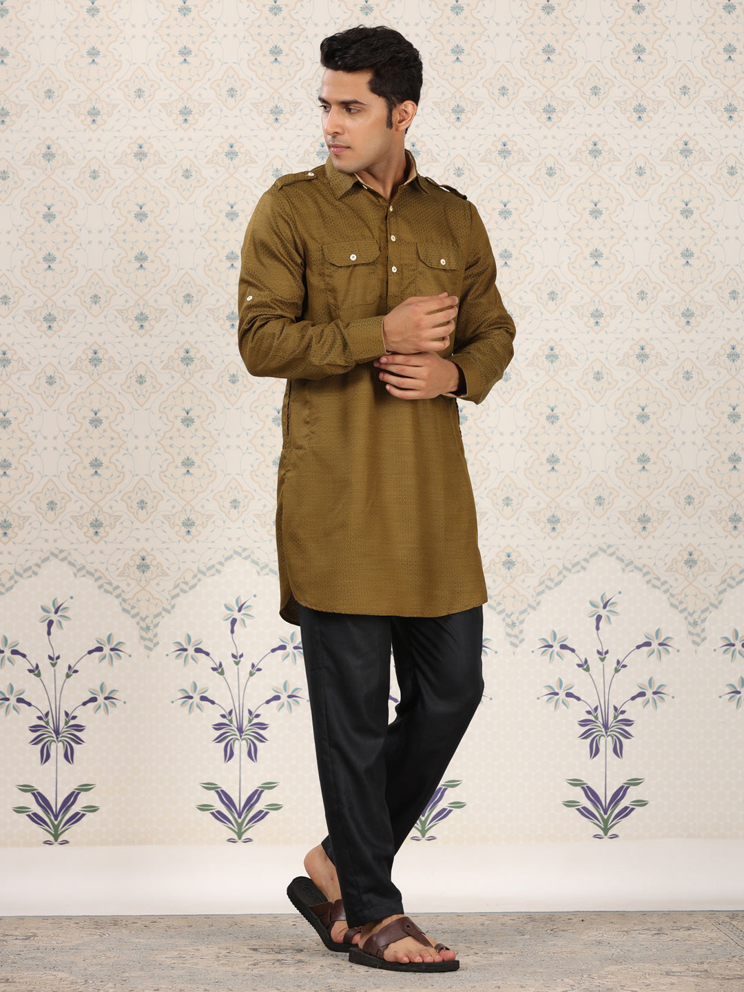 Olive Green Printed Pathani Set